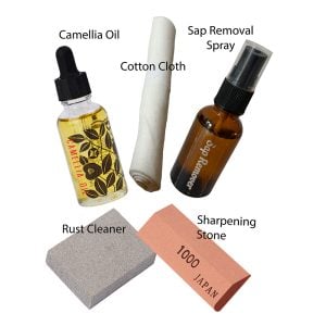 Shokunin Store Original Garden Scissor Care Kit containing 5 pieces of DYI scissor maintenance items including edible 100%camellia seed tool oil, sap and rust removers, scissor sharpening stone 1000 grid, and compostable 100% cotton cloth.