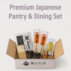 Premium Japanese Pantry and Dining Set in Shokunin Store Box containing 2 Packs of Inaniwa Udon Noodles, Roasted Sushi Nori, Hojicha Roasted Green Tea, Japanese Dashi Soup Stock, Noodle Dipping Sauce and a pair of gorgeous cold noodle dipping cups crafted by master ceramist